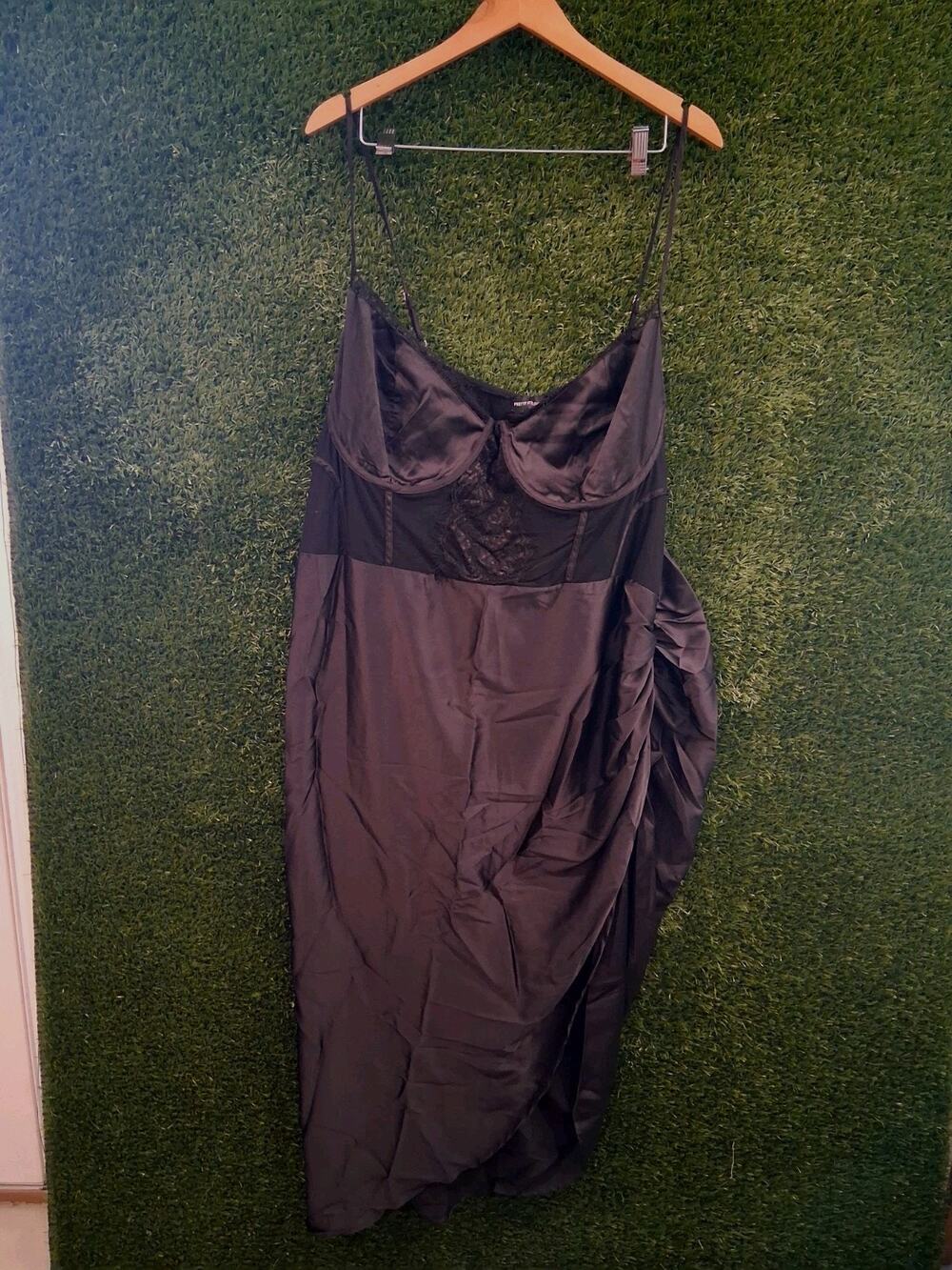 NEW PrettyLittleThing Black Satin Corset Midi Dress Lace Mesh Plus 24 NWT